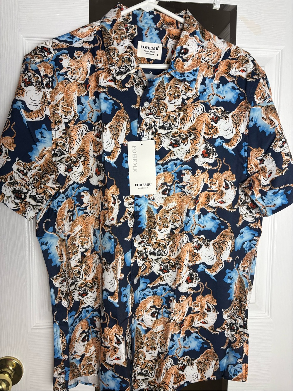 FOHEMR Men’s L Regular Tiger Animal Print Short Sleeve Button-Up Shirt Blue
